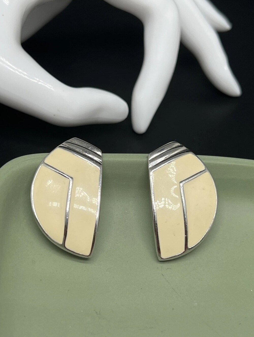 Signed Trifari Vintage Cream Ivory Enamel Half Moon Clip On Earrings Silver Tone